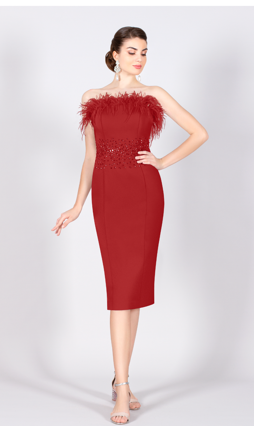 8008 Crepe Feather Red Dress